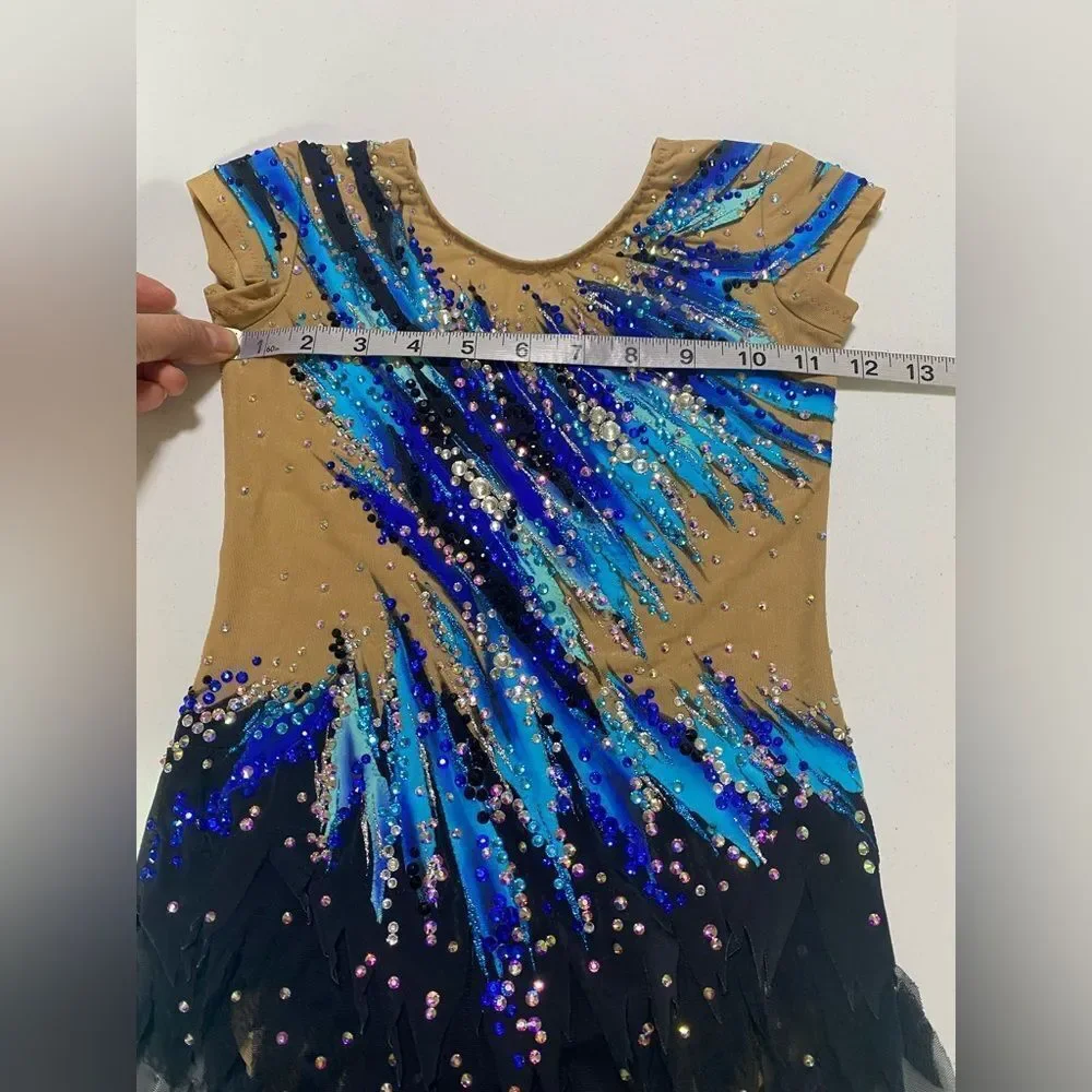 Custom solo dance ice skating rhythmic costume blue ombre rhinestoned dress MC